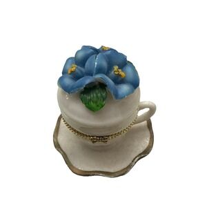 Hinged Lid Trinket Box Tea Cup On Saucer W/ 3 Blue Flowers Leaves Gold Trim